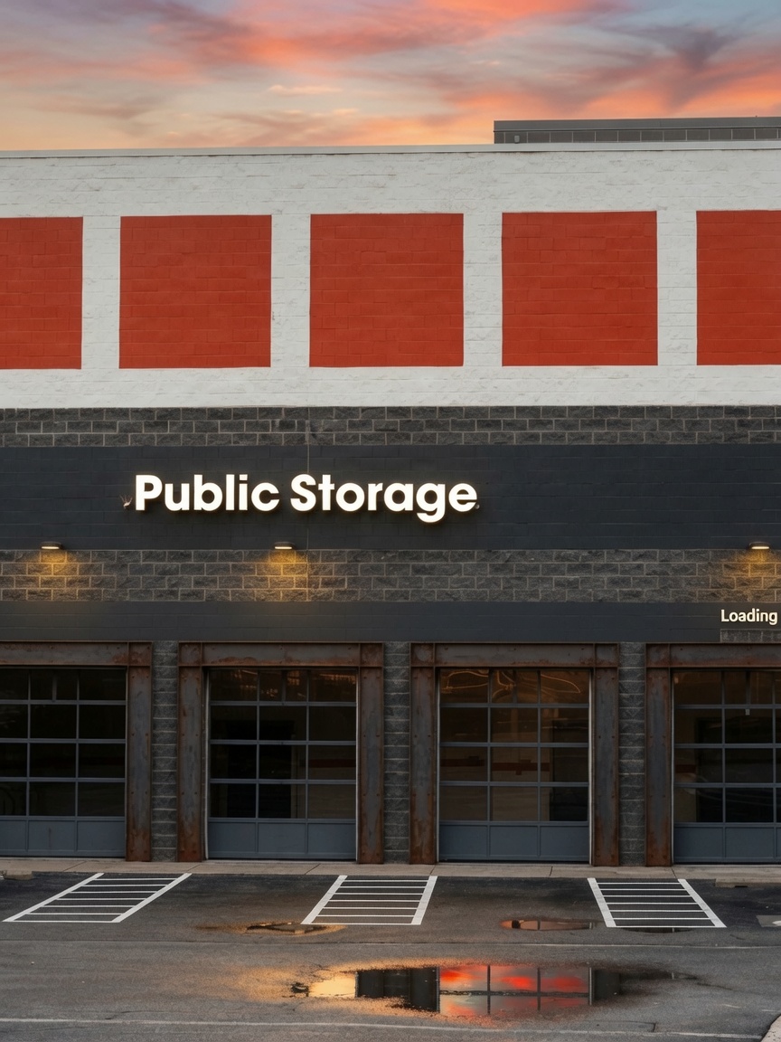 Storage facility exterior at dusk