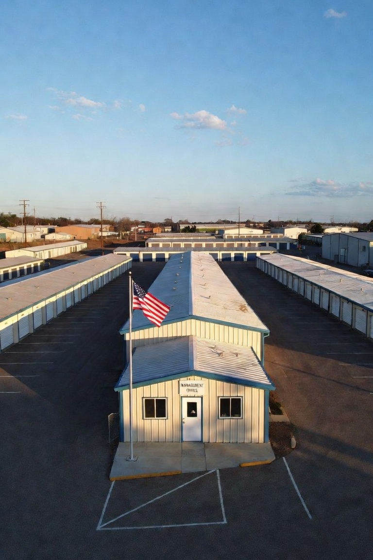 Self-storage facility with management office and flag